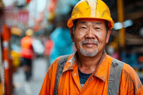 Smiling construction worker in orange safety gear posing for a portrait on site