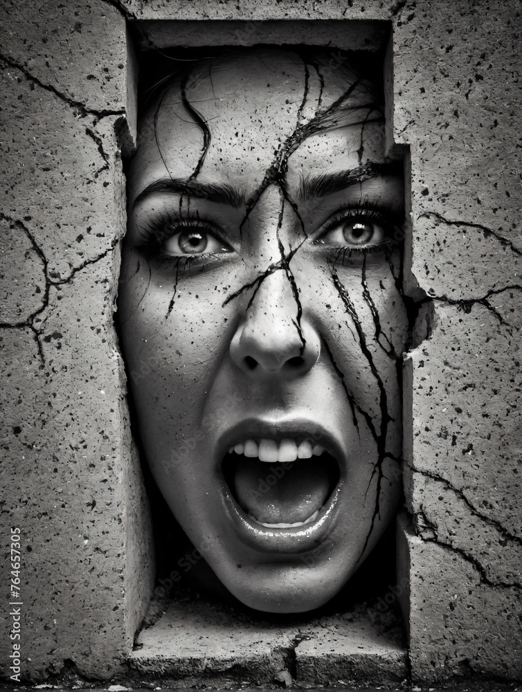 Illustration von psychischem Schmerz, Ausweglosigkeit. Schwarz-Weiß-Foto eines im Beton gefangenen Gesichts, das vor Angst und Qual schreit. - obrazy, fototapety, plakaty 