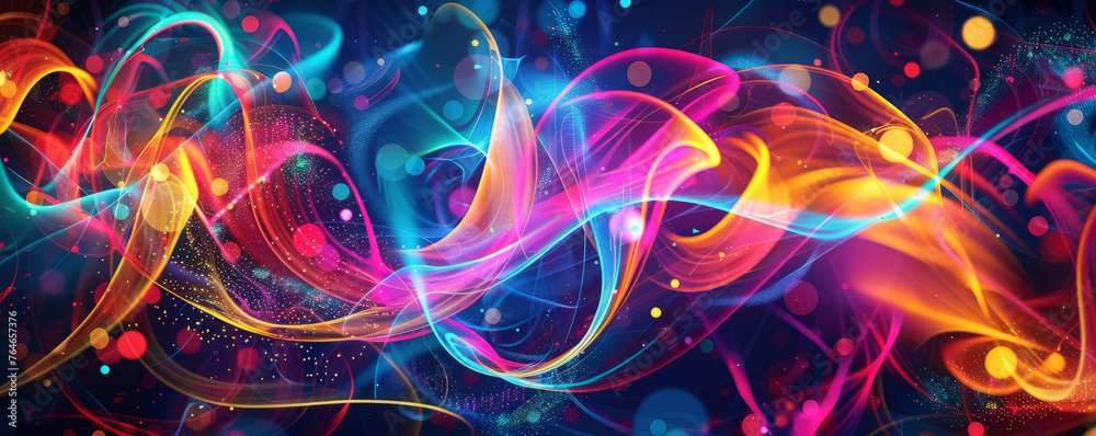 Glowing geometric shapes interlaced with neon lights set against a futuristic scenery, emanating vibrant energy and movement.