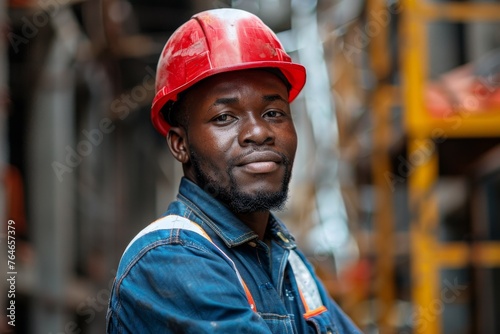Confident construction worker at a building site wearing a red hard hat © Georgii