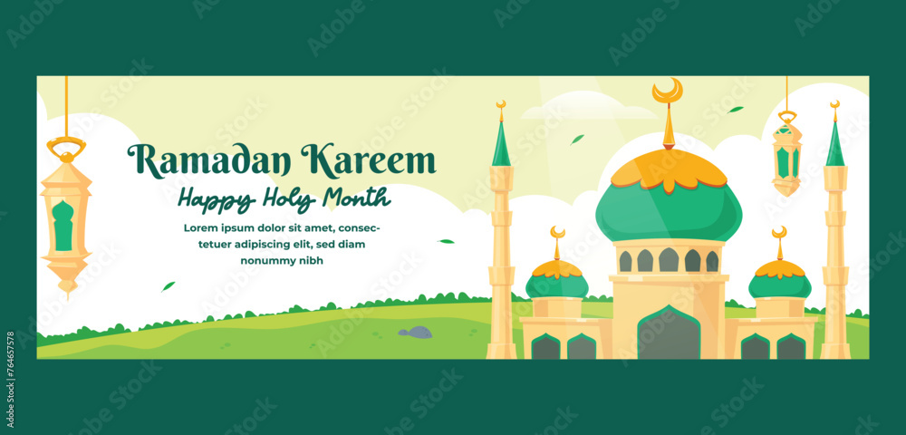 Ramadan Kareem Banner Vector Template. Islamic Banner Wallpaper with Mosque, Lantern, Land Element Vector Illustration