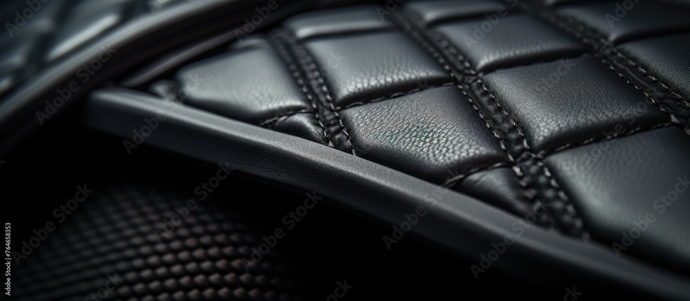 Naklejka premium An up-close view of a black leather chair with intricate stitching design showing texture and pattern