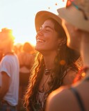 Close-up of festival goers dancing at sunset, beach backdrop, capturing the essence of summer joy