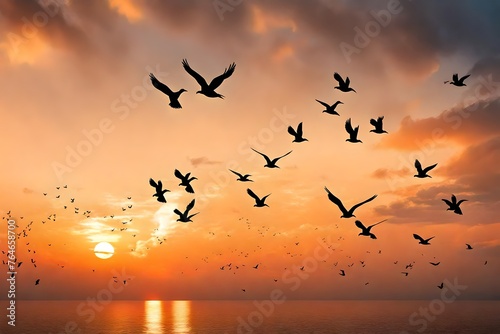 Pair of seagulls in yellow, orange, blue sky at sunrise, Animal in beautiful nature landscape for background, Two birds flying above the sea, water or ocean and horizon at sunset in Bang Pu, Thailand photo
