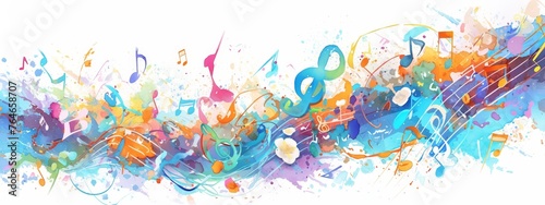 Abstract music notes background vector illustration with watercolor splash, musical elements and colorful tones on white isolated background. 