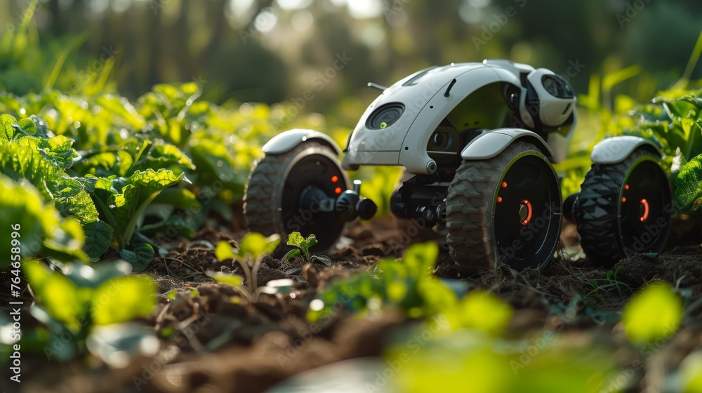 Autonomous Farming Robot Navigating Through a Crop Field at Sunrise Autonomous Farming Robot Navigating Through a Crop Field at Sunrise