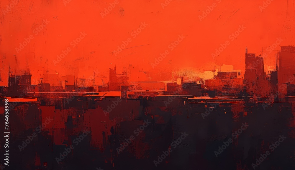 Abstract painting of New York City skyline, red and black color scheme