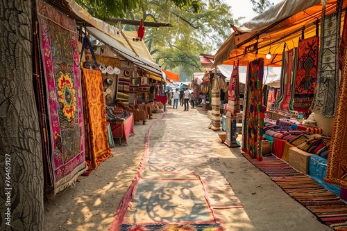 An intricately decorated cultural fair featuring stalls adorned with traditional crafts, textiles, and artworks, bustling with artisans, performers, and visitors engaging in cultural exchanges. © mihrzn
