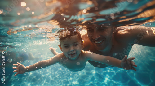 A man teaches a child to swim in the pool.