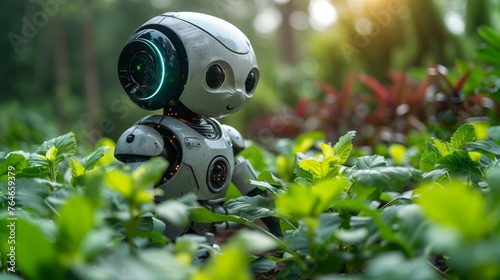 Robot Standing in Field of Plants