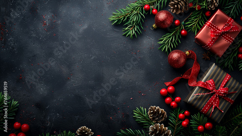 A festive Christmas background featuring beautifully wrapped presents and pine cones  evoking a cozy and joyful holiday atmosphere