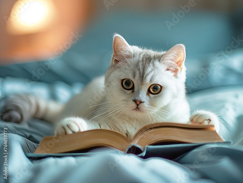 White cat lying down reading book