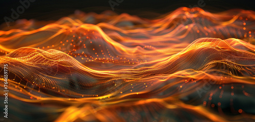 Fluid waves of luminous orange lines construct an otherworldly abstract landscape.