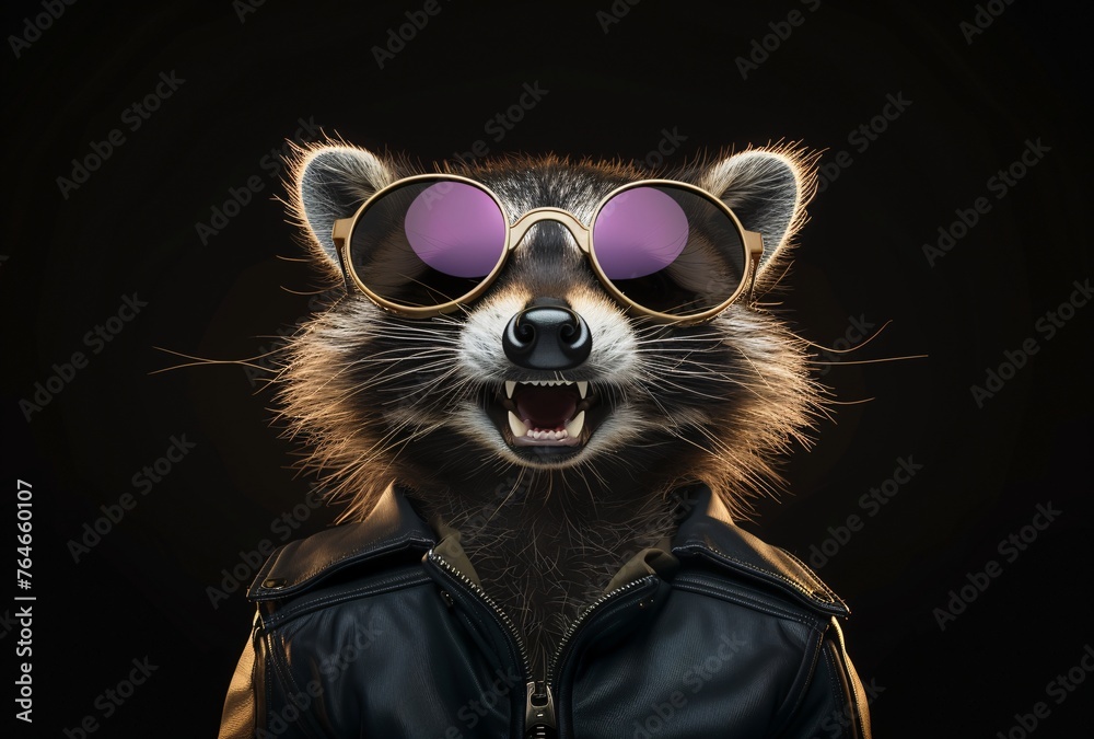 Raccoon wearing aviator sunglasses and leather jacket laughing Raccoon wearing aviator sunglasses and leather jacket laughing