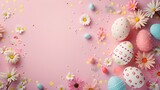 Spring celebration with easter eggs and flowers on a pastel pink background. perfect for greetings. festive and bright. AI