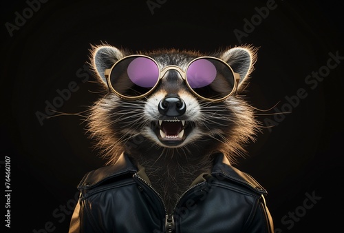 Raccoon wearing aviator sunglasses and leather jacket laughing
