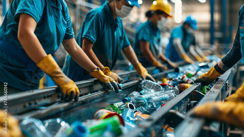 Workers Sorting Recyclables on Conveyor Belt in Factory  © Andrey