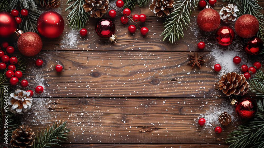 A wooden table adorned with Christmas decorations, pine cones, and a festive atmosphere A wooden table adorned with Christmas decorations, pine cones, and a festive atmosphere