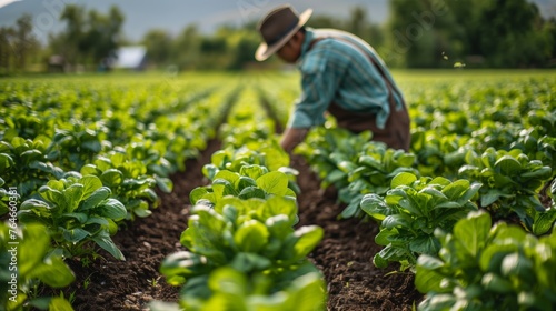 Man Harvesting Lettuce in Field