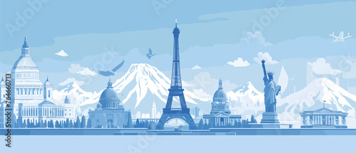Panoramic vector illustration showcases a diverse range of iconic monuments and landmarks from across the globe