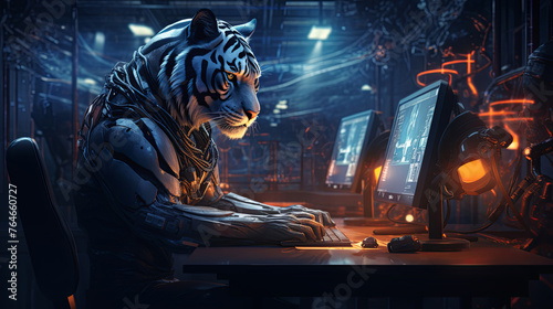 A robot tiger, dressed in cutting-edge business casual, and a human pore over cybersecurity measures, safeguarding a network illustrated on multiple monitors #764660727