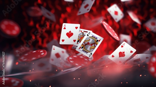Playing cards, dice and one hundred dollar bills on a dark wooden table. Top view