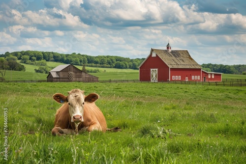 A contented cow lying in a green pasture, chewing cud with a traditional red barn in the background, capturing the timeless connection to dairy production.