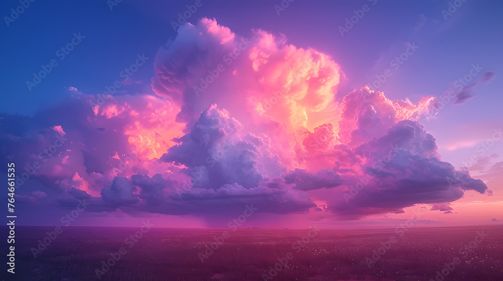 A photo of thunderheads, with a surreal pinkish hue as the background, during a volatile weather pattern - obrazy, fototapety, plakaty 