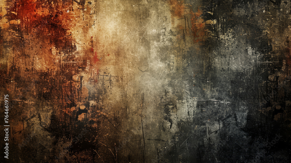 A painting of a wall with a lot of paint splatters and a few red splotches