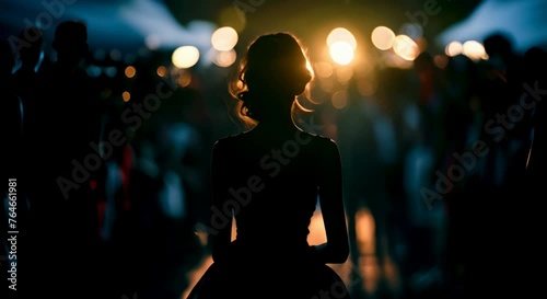 Silhouette of celebrity in black dress being photographed by paparazzi photo
