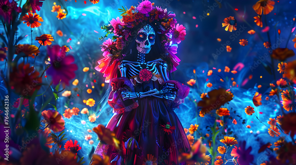 Fototapeta premium Dia de los muertos, beautiful skeleton human goddess wearing a silk gown wrap, surrounded by floating flower pedals.