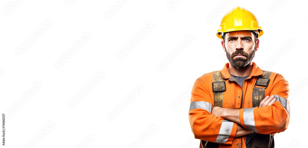 Close up of mountain worker male miner in uniform with tool, stern angry, white background isolate.