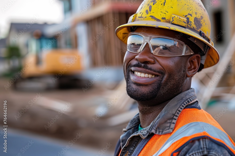 Smiling construction worker wearing a yellow helmet at a building site Smiling construction worker wearing a yellow helmet at a building site