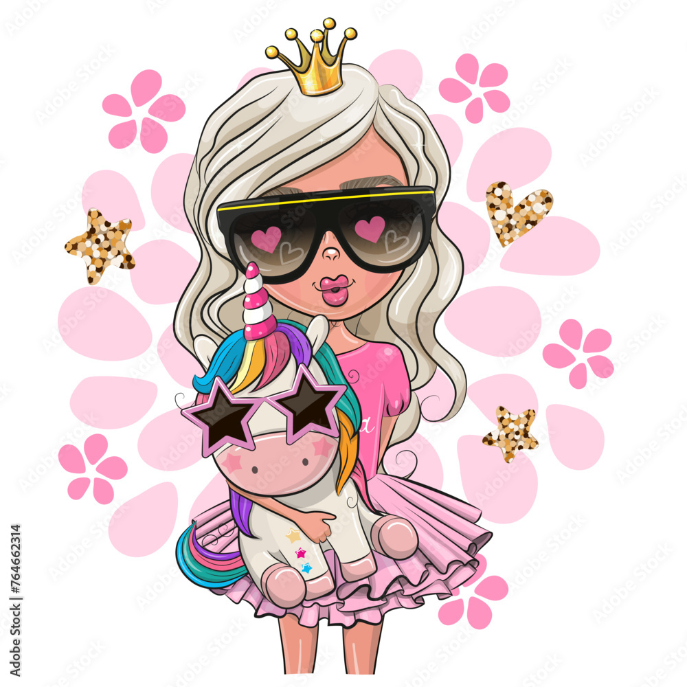 Cartoon Girl Princess in glasses with Unicorn