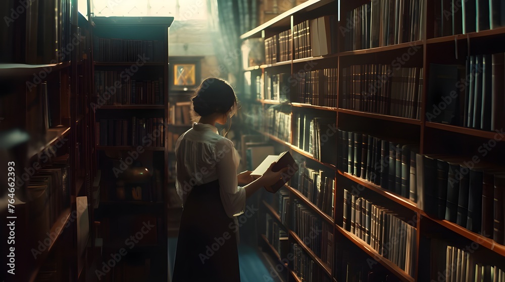 A young student is immersed in reading books in the university library, actively studying and expanding her knowledge. A young student is immersed in reading books in the university library, actively studying and expanding her knowledge.
