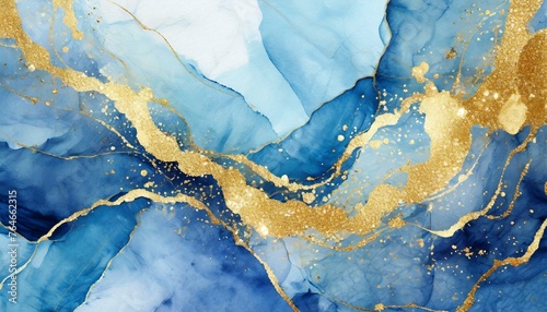 a captivating blue marble watercolor background adorned with delicate gold elements, such as swirls, splashes, or geometric patterns, evoking a sense of elegance and luxury, perfect for wedding invita © Asad