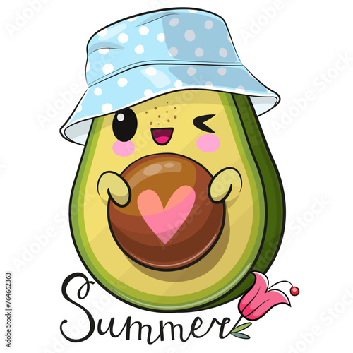 Cartoon Avocado in panama hat isolated on a white background