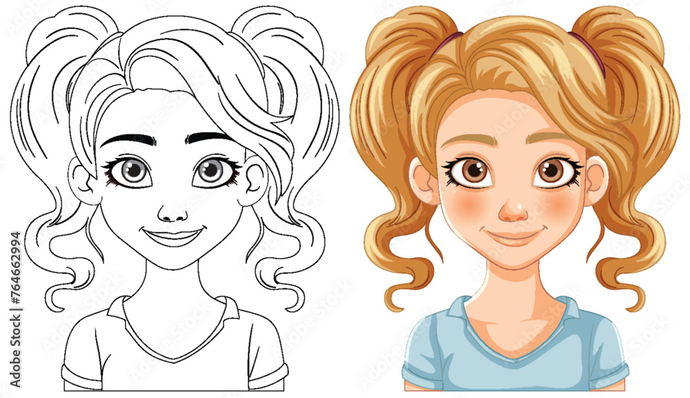 Vector illustration of a girl, line art and colored version. Vector illustration of a girl, line art and colored version.