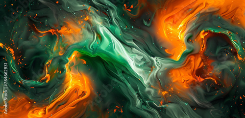 Dynamic emerald green swirls blend with energetic orange, a visual symphony.