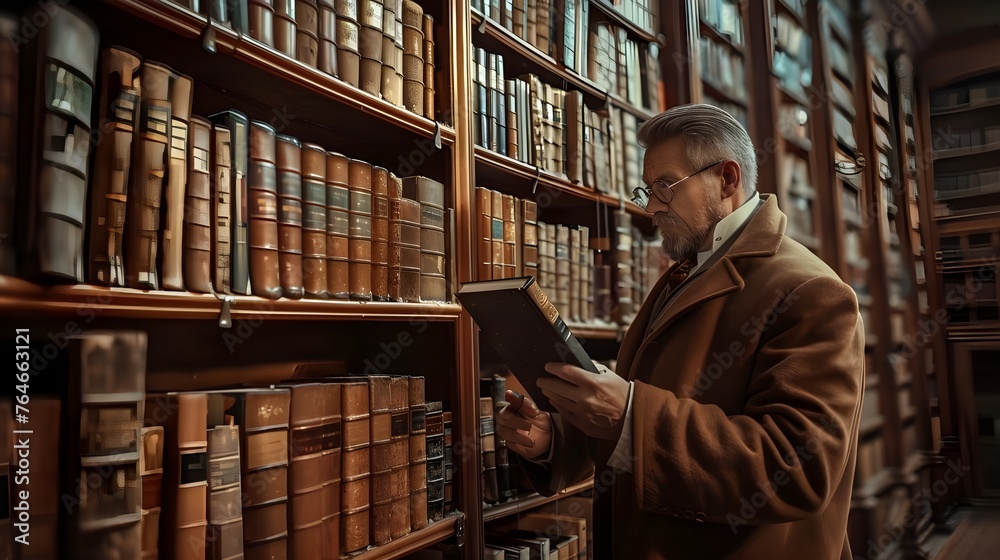 A man reading in a library finds inspiration in books that open up to him the world of scientific facts and literary masterpieces. A man reading in a library finds inspiration in books that open up to him the world of scientific facts and literary masterpieces.