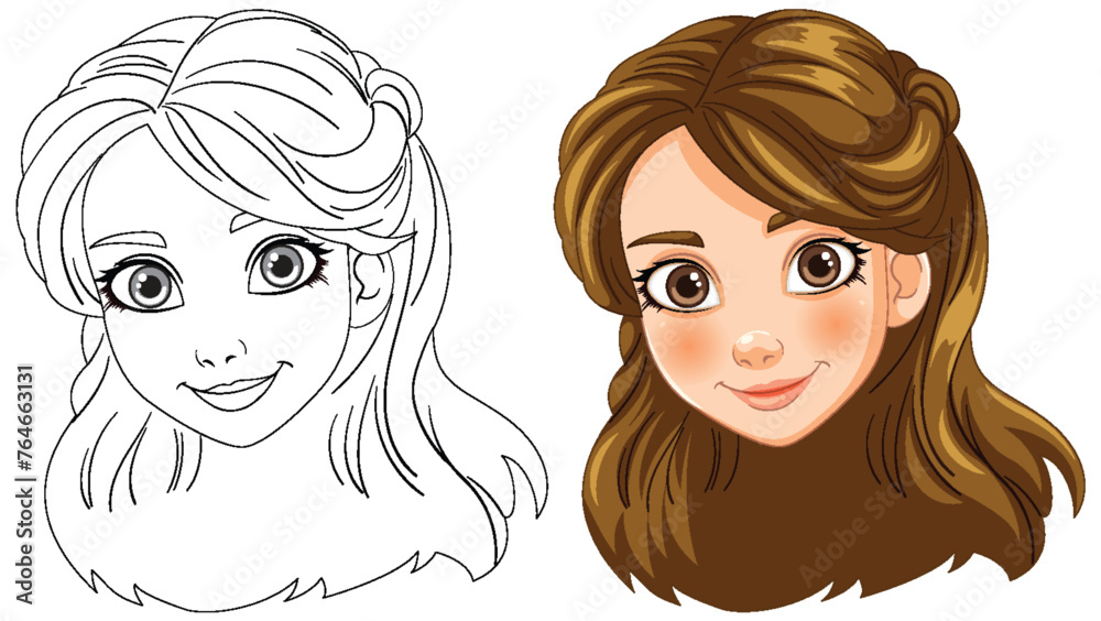Vector illustration of a girl, black and white to color Vector illustration of a girl, black and white to color