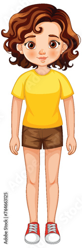 Illustration of a young girl with curly hair standing.