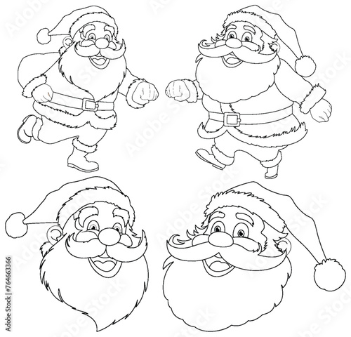 Four cheerful Santa Claus sketches for coloring.
