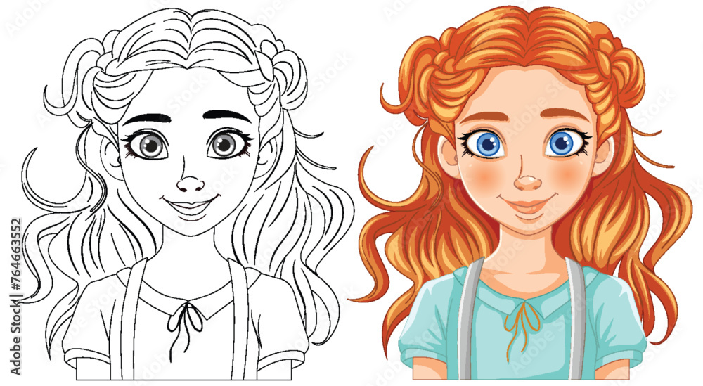 Vector illustration of a girl, black and white to color Vector illustration of a girl, black and white to color