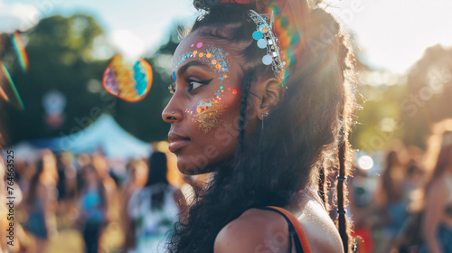 Queer model looking out over the summer music festival, with a sparkling, glitter crystal face paint photo