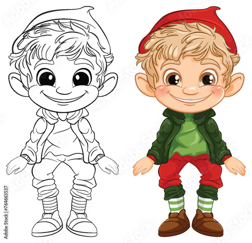 Vector illustration of an elf, colored and line art.