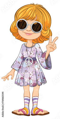 Cartoon girl with peace sign and sunglasses.