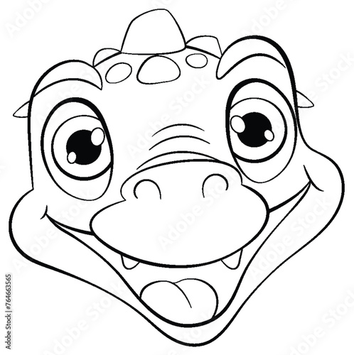 Black and white line art of a happy dinosaur.
