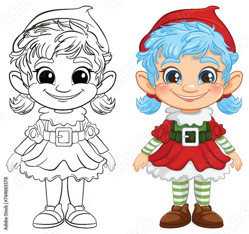 Vector illustration of an elf, colored and line art.