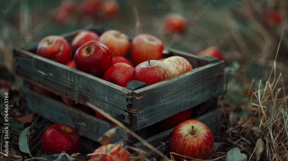 Red apples in a wooden box in the orchard Red apples in a wooden box in the orchard